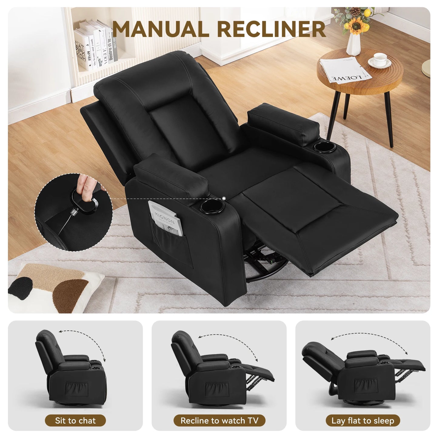 COMHOMA Recliner Chair Cup Holders Swivel Heat Massage Genuine Leather