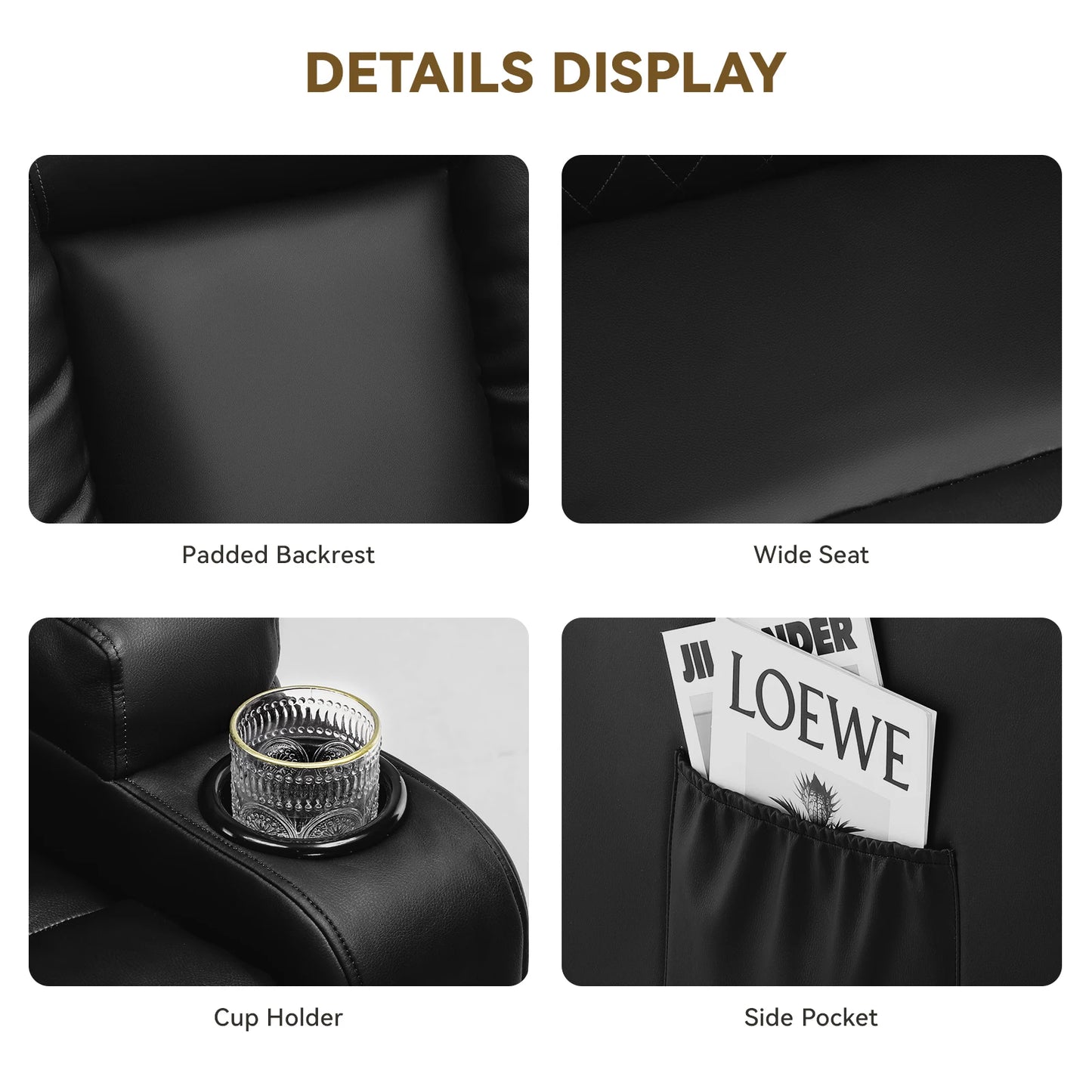 COMHOMA Recliner Chair Cup Holders Swivel Heat Massage Genuine Leather