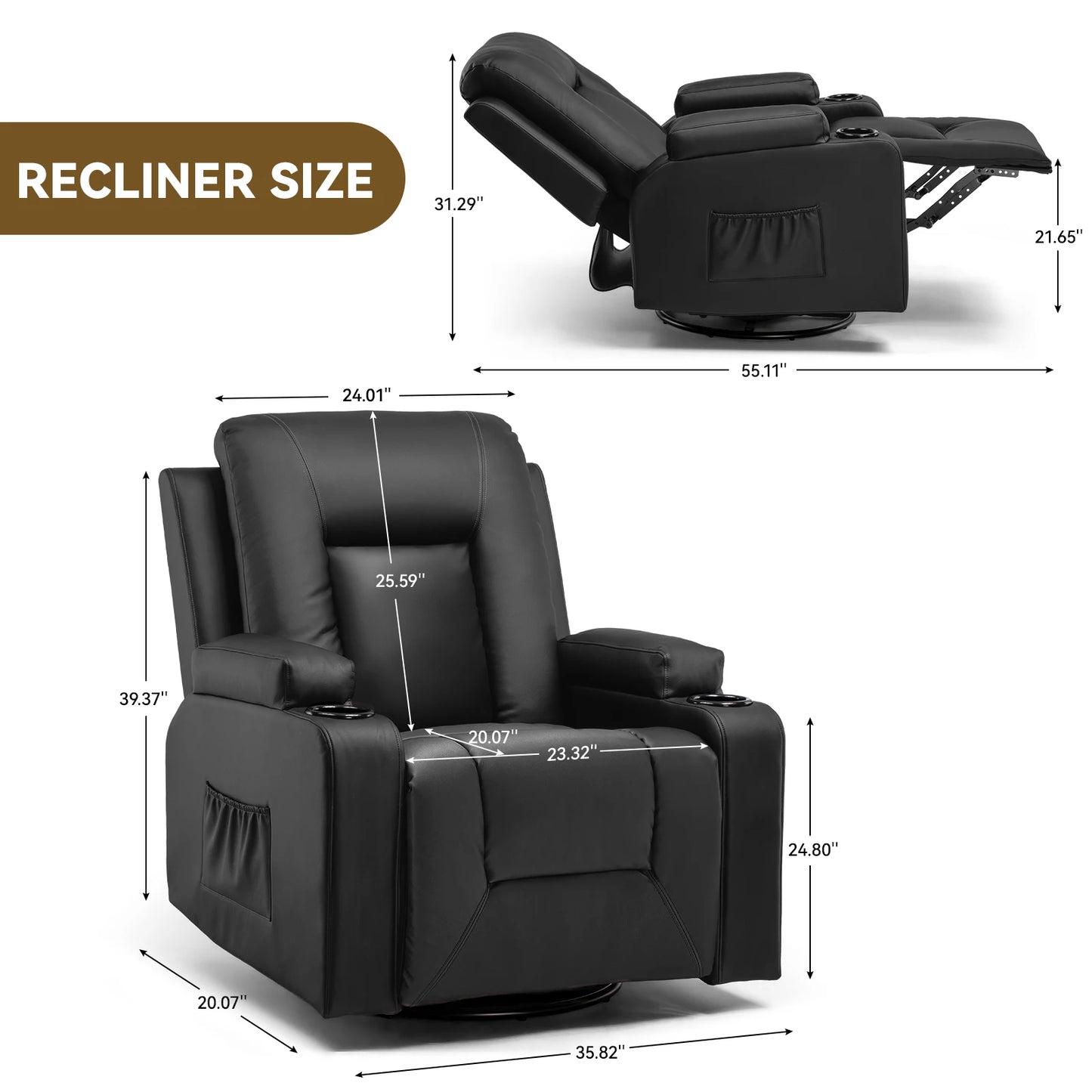 COMHOMA Recliner Chair Cup Holders Swivel Heat Massage Genuine Leather