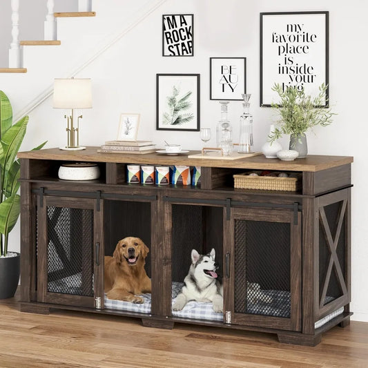 Leather Dog Crate Furniture With Removable Divider And Storage Drawers