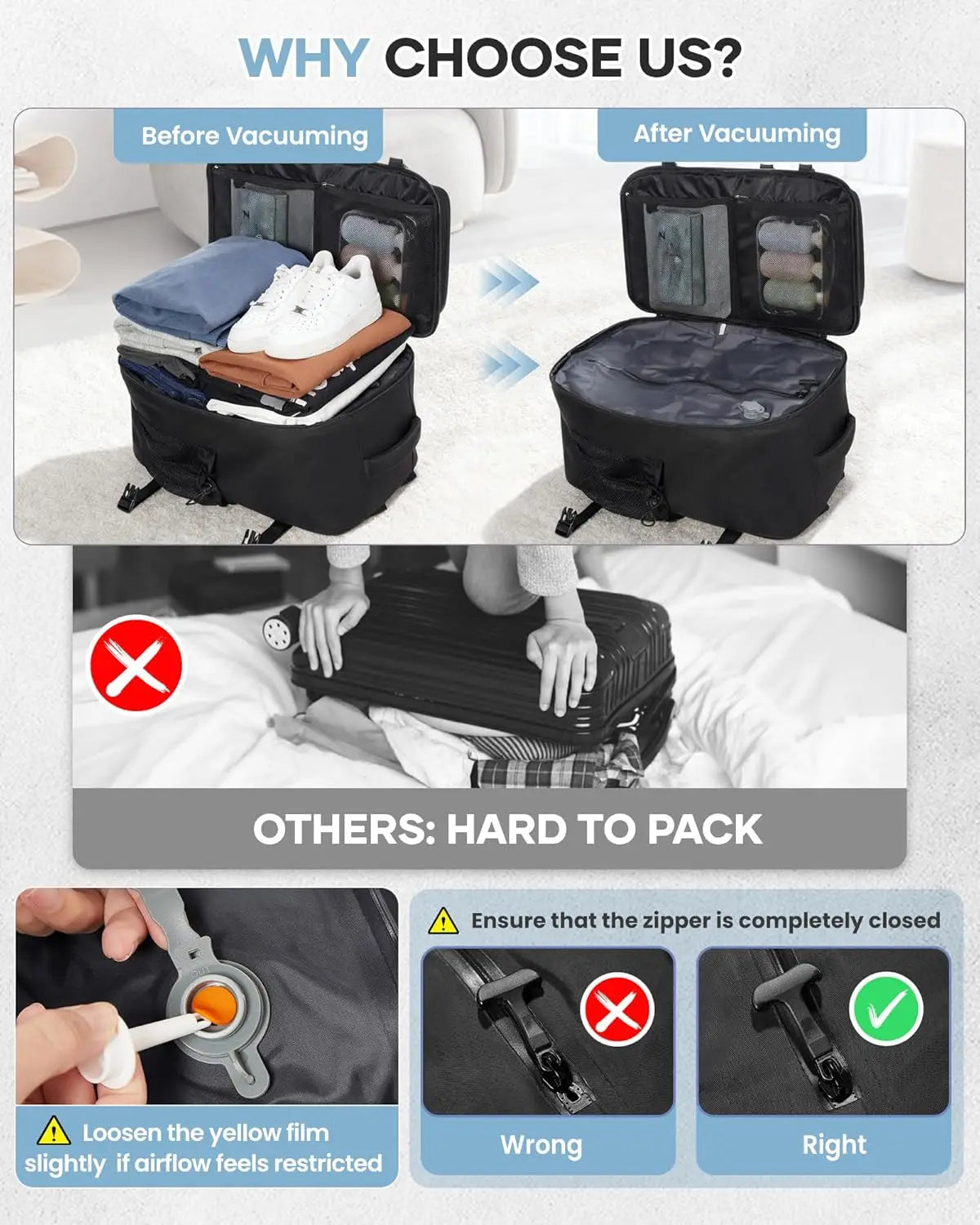 Travel Tactical Backpack with Air Pump, Flight Approved, Large Vacuum Seal Hiking Gym Bag for Men & Women – Black