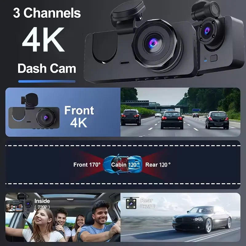 Car DVR 3Channel Dash Cam for Car 4K Video Recorder WIFI APP Dashcam Front and Rear View Camera Night Vision Car Accessories