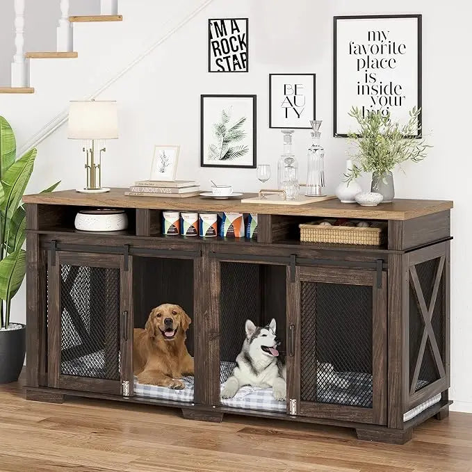 Leather Dog Crate Furniture With Removable Divider And Storage Drawers