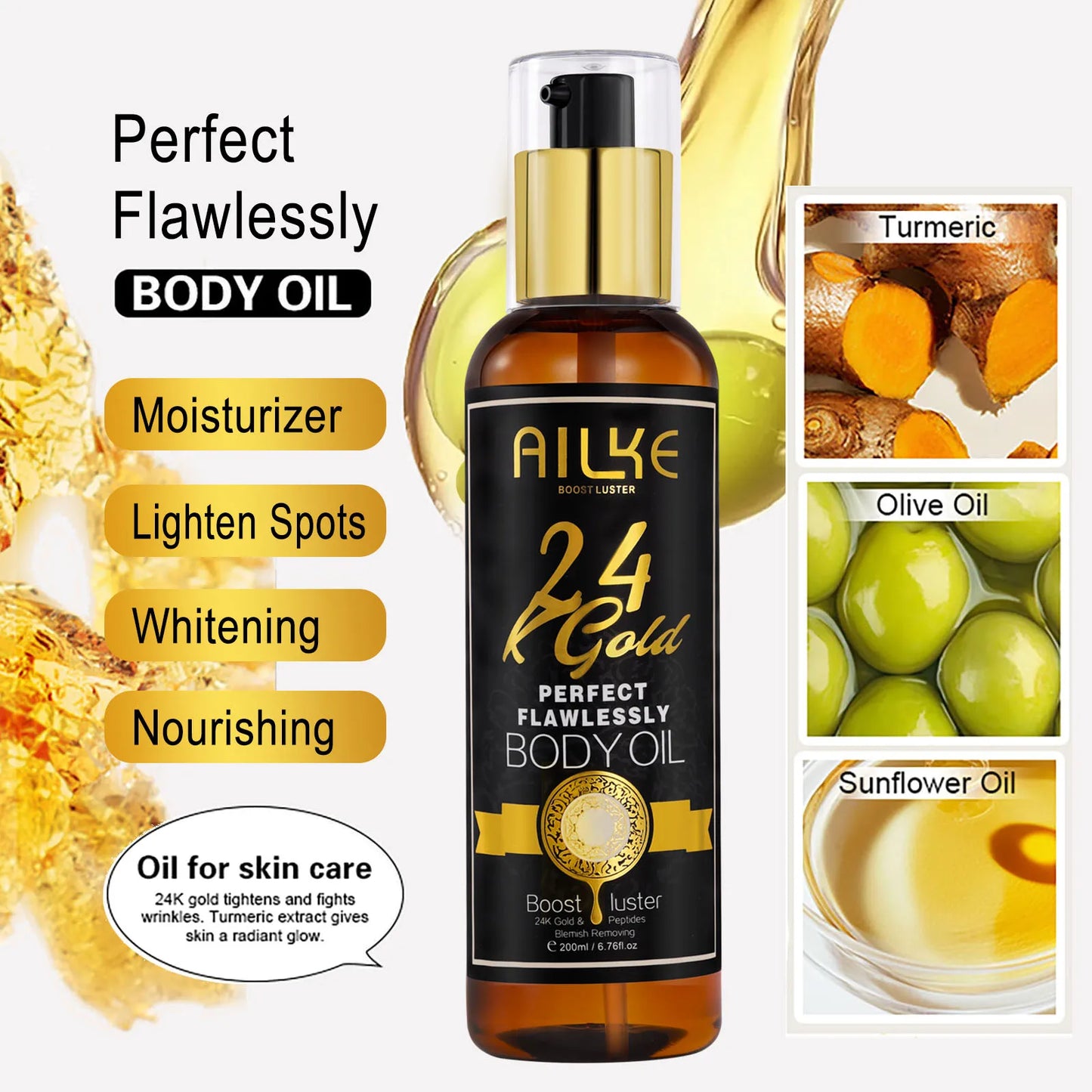 AILKE 24K Glod Flawlessly Skin Care Range, Skin Whitener, Reduce Dark Spots, Melanin, Wrinkles, Moisturize, For Women & Men