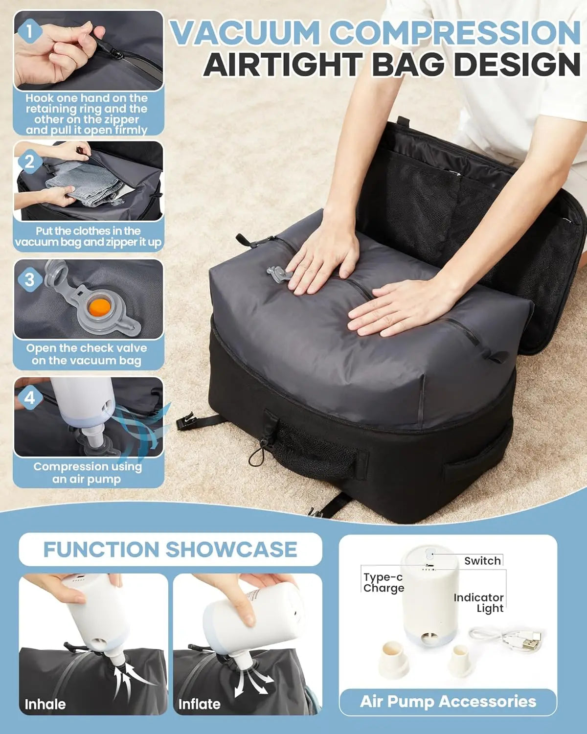 Travel Tactical Backpack with Air Pump, Flight Approved, Large Vacuum Seal Hiking Gym Bag for Men & Women – Black