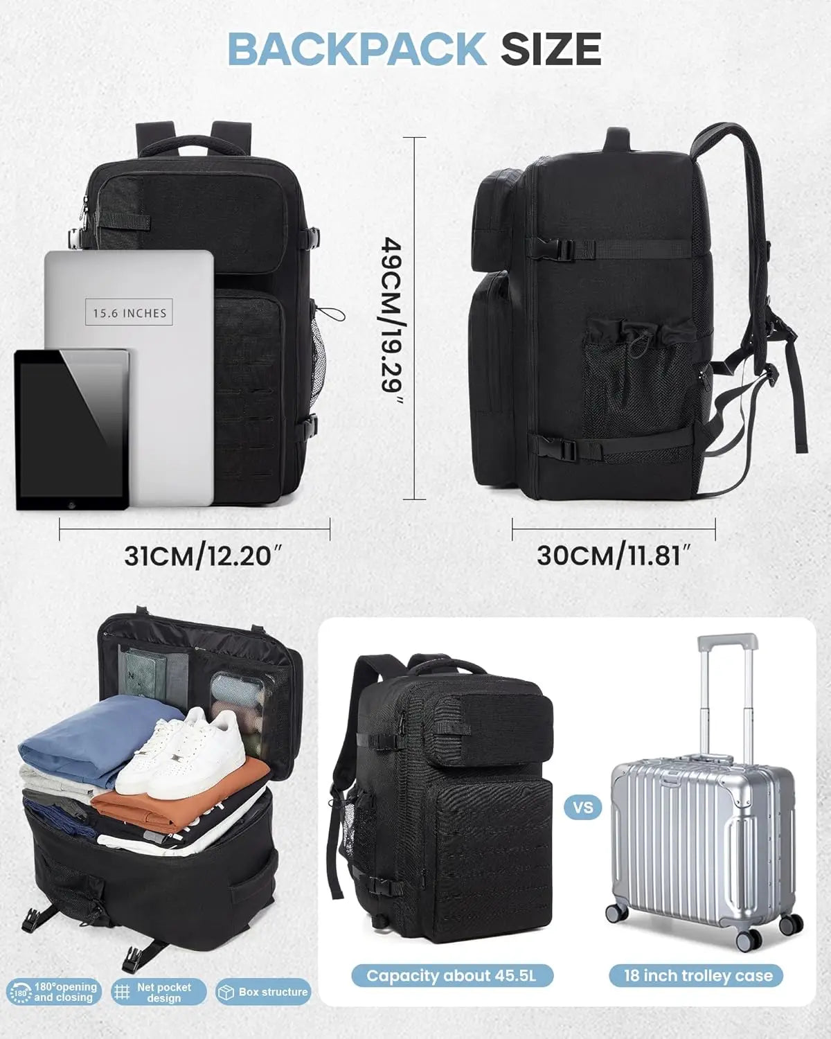 Travel Tactical Backpack with Air Pump, Flight Approved, Large Vacuum Seal Hiking Gym Bag for Men & Women – Black