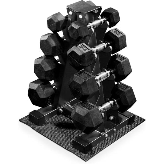 Rubber Coated Hex Dumbbell Weight Set with Storage Rack for Home Gym and Fitness Training Available in 100LB 150LB or 200LB Con