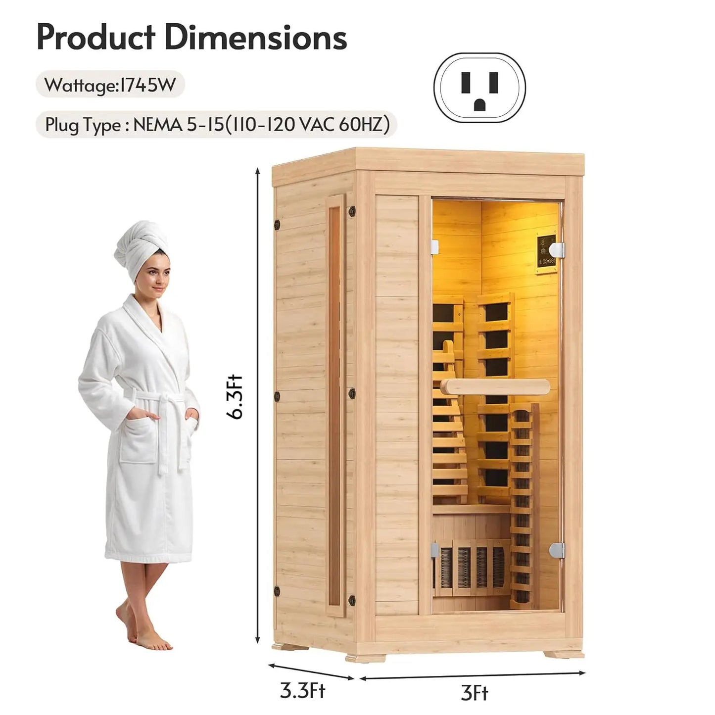 1-2 Person 6.3Ft Infrared Sauna, 7 Color Full Spectrum Wood Dry Sauna. Canadian Hemlock Indoor Saunas with 1745W, Customized