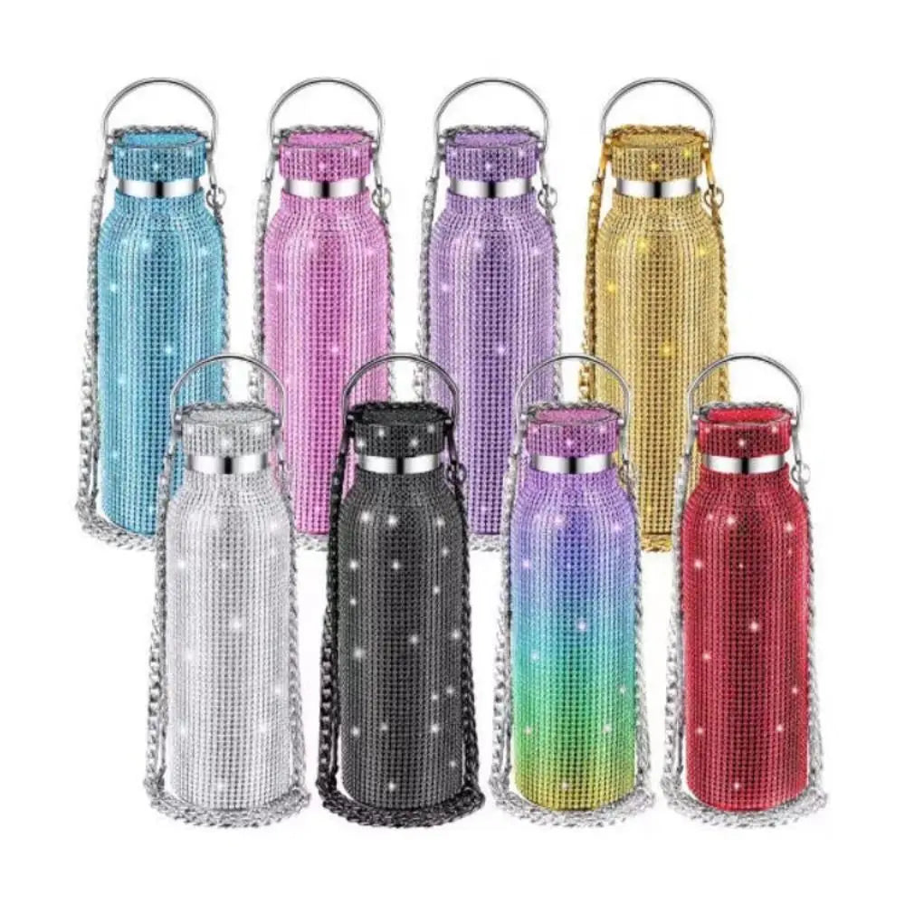 Hign-concerned Thermal Rhinestone Water Bottle With Strap