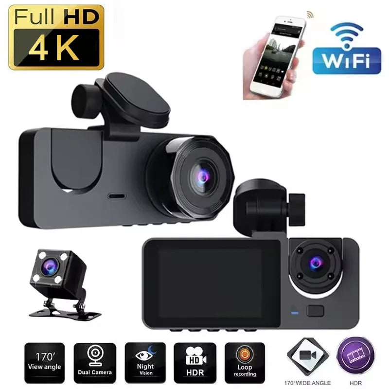 Car DVR 3Channel Dash Cam for Car 4K Video Recorder WIFI APP Dashcam Front and Rear View Camera Night Vision Car Accessories