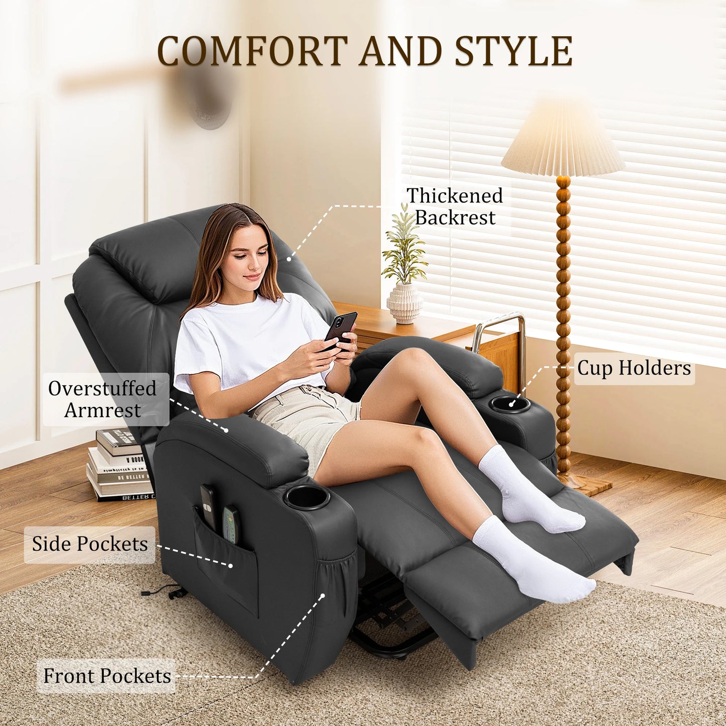 Korser Power Lift Recliner Chair for Elderly with Massage and Heat PU Leather Comfort Fabric for Living Room,Bedroom