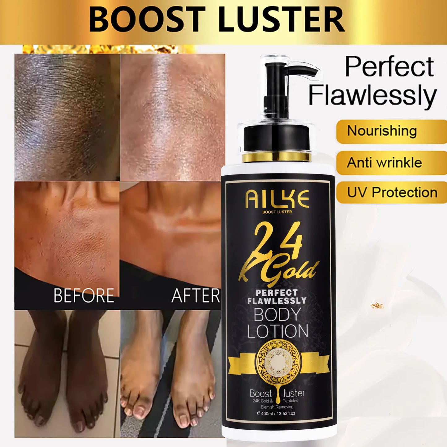 AILKE 24K Glod Flawlessly Skin Care Range, Skin Whitener, Reduce Dark Spots, Melanin, Wrinkles, Moisturize, For Women & Men