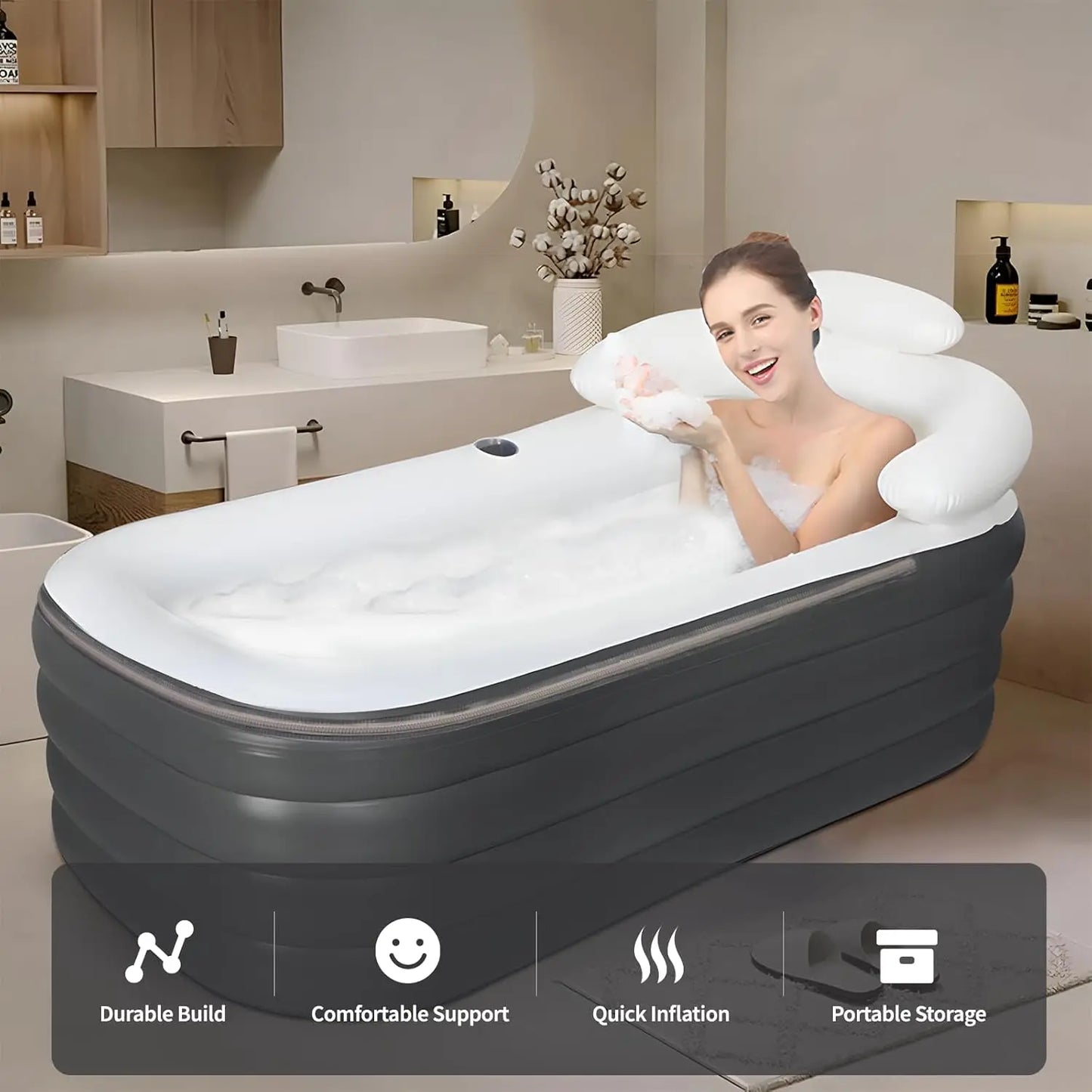 Adult-Sized Portable Inflatable Spa Tub with Electric Pump, Foldable Design, Backrest, and Cup Holder