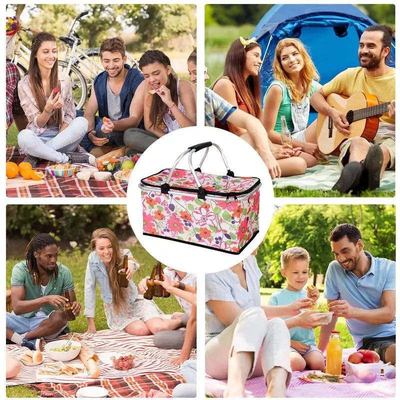 Beach Picnic Basket 30L Portable Outdoor Picnic Basket Folding Insulated Bag With Handle Oxford Cloth Picnic Bag Camping