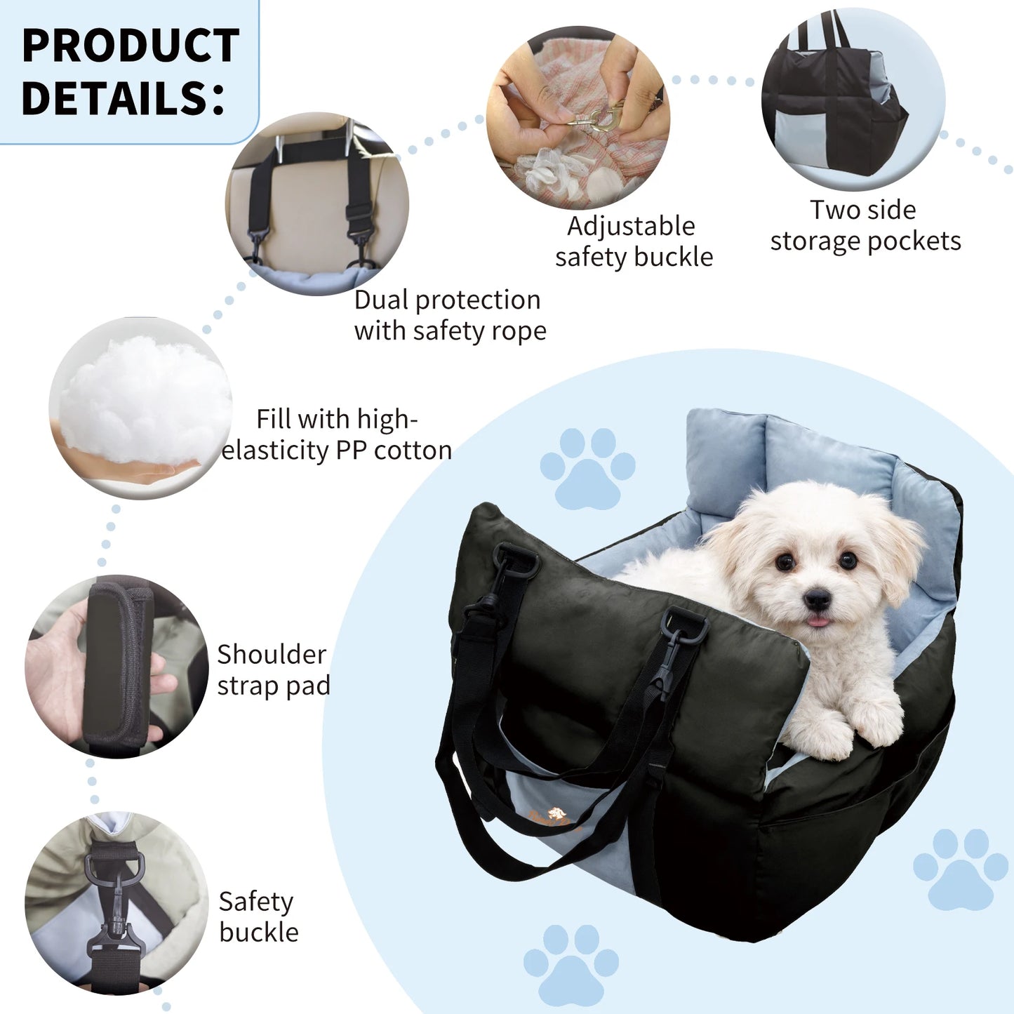 Dog Car Seat Travel Bed Carrier For Small Dogs With Clip On Leash Pockets
