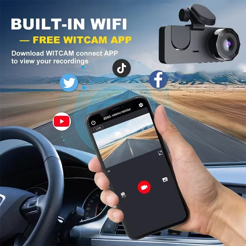 Car DVR 3Channel Dash Cam for Car 4K Video Recorder WIFI APP Dashcam Front and Rear View Camera Night Vision Car Accessories