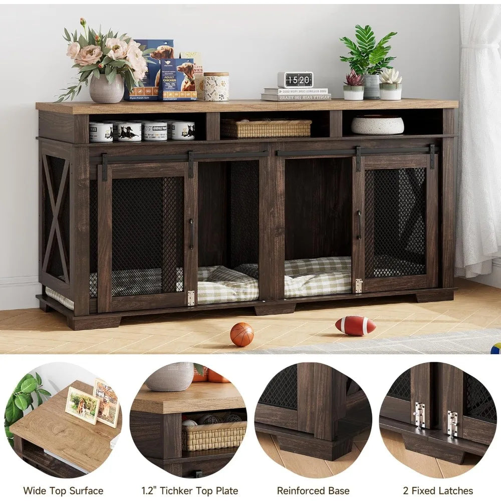 Leather Dog Crate Furniture With Removable Divider And Storage Drawers