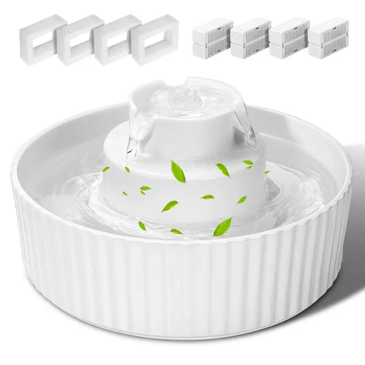 Cat Water Fountain, 2.1L 70oz Porcelain Pet Drinking Dispenser with 4 Set Replacement Filter amp Sponge, Automatic Dog Water Bow