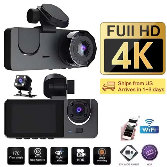Car DVR 3Channel Dash Cam for Car 4K Video Recorder WIFI APP Dashcam Front and Rear View Camera Night Vision Car Accessories