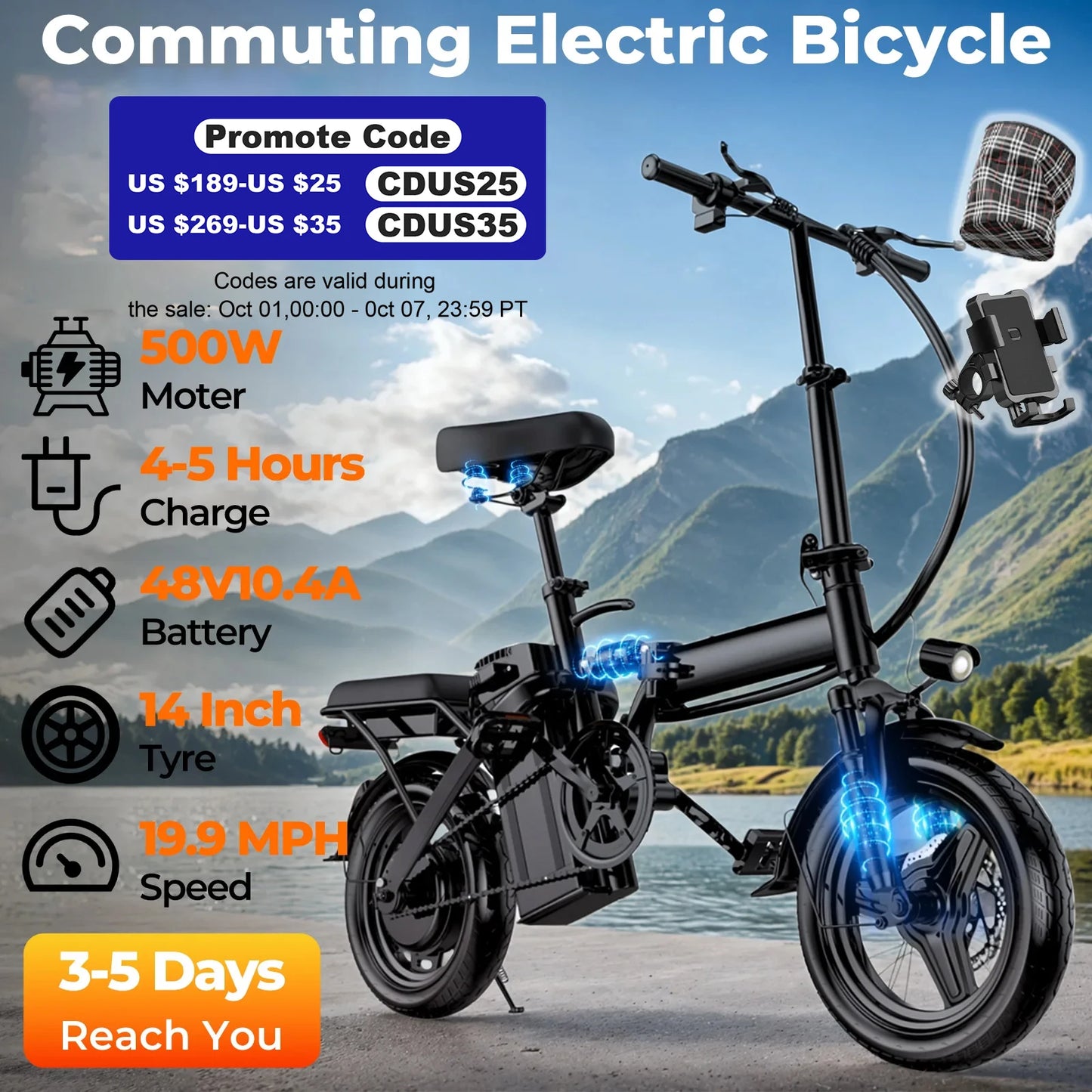 LELEKUAIC Folding Electric Bike For Adults 500W Battery