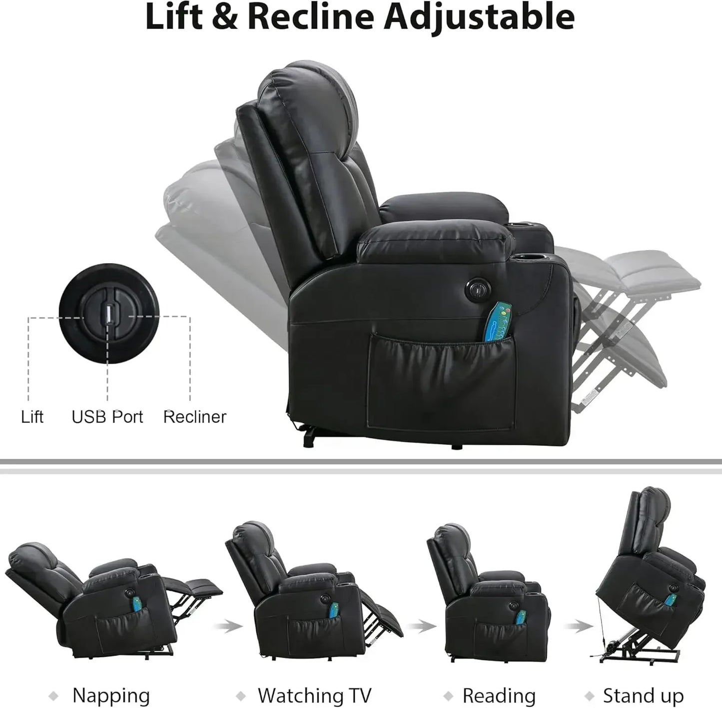 26" Extra Wide Lift Recliner Chair with Heat and Massage, Faux Leather Power Lift Chair Massage Chair for Adults Elderly