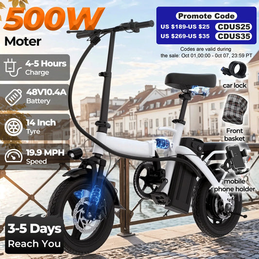 LELEKUAIC Folding Electric Bike For Adults 500W Battery