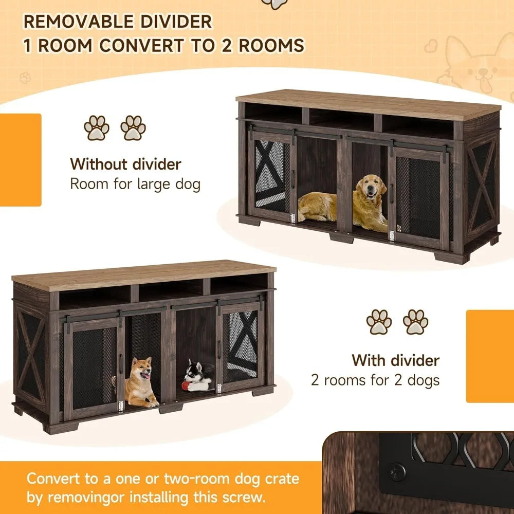 Leather Dog Crate Furniture With Removable Divider And Storage Drawers
